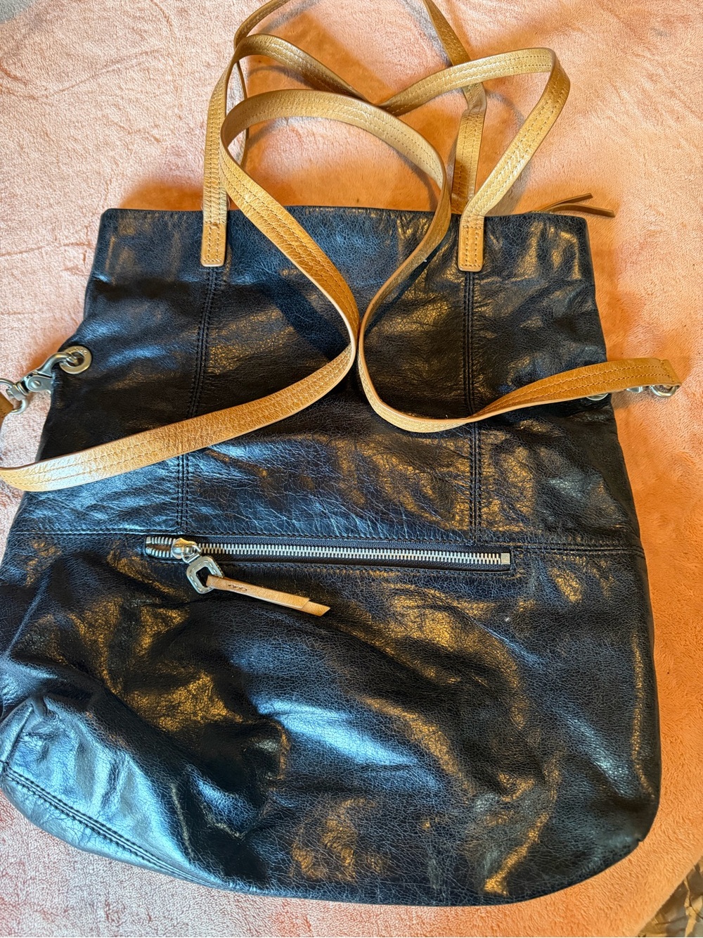HOBO Black Leather Hobo Bag with Tan Straps